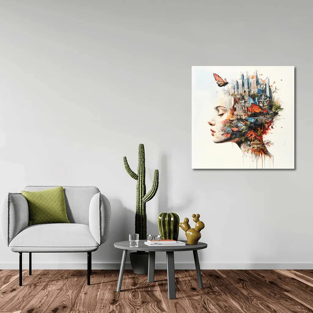 Woman Face Double Exposure City Butterflies – Wall Art