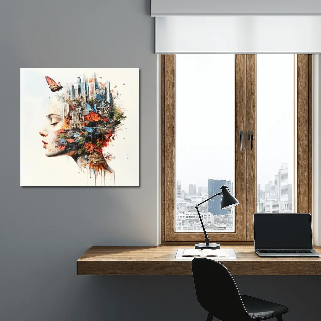 Woman Face Double Exposure City Butterflies – Wall Art