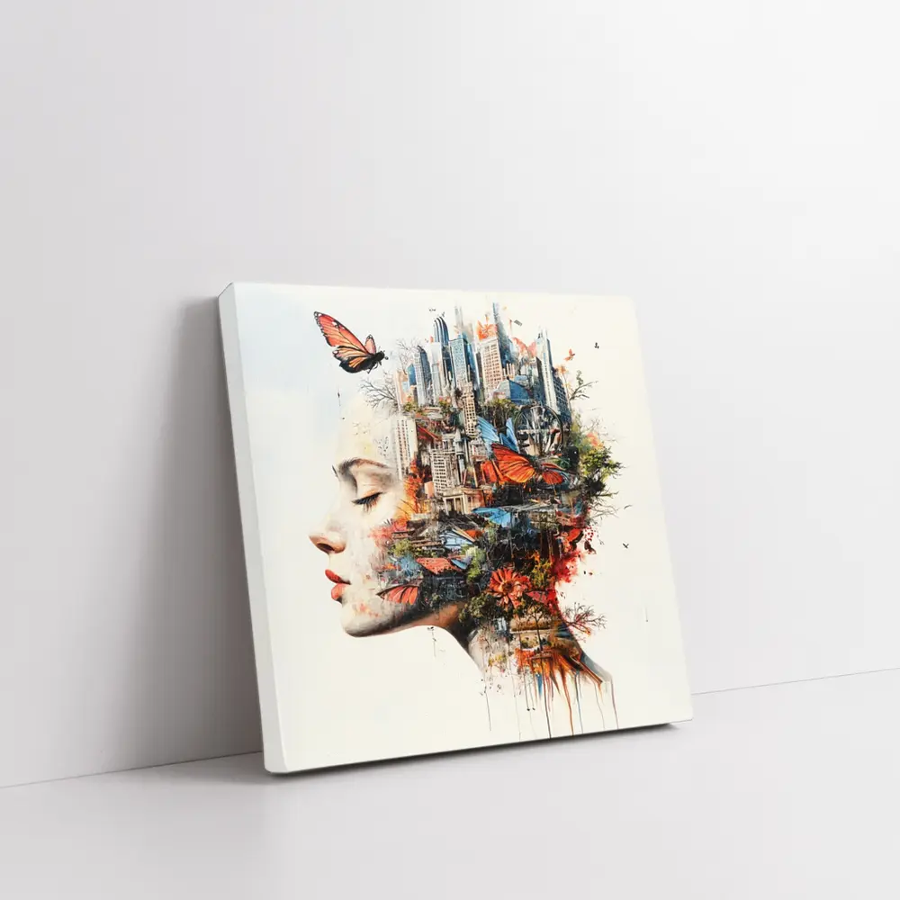 Woman Face Double Exposure City Butterflies – Wall Art