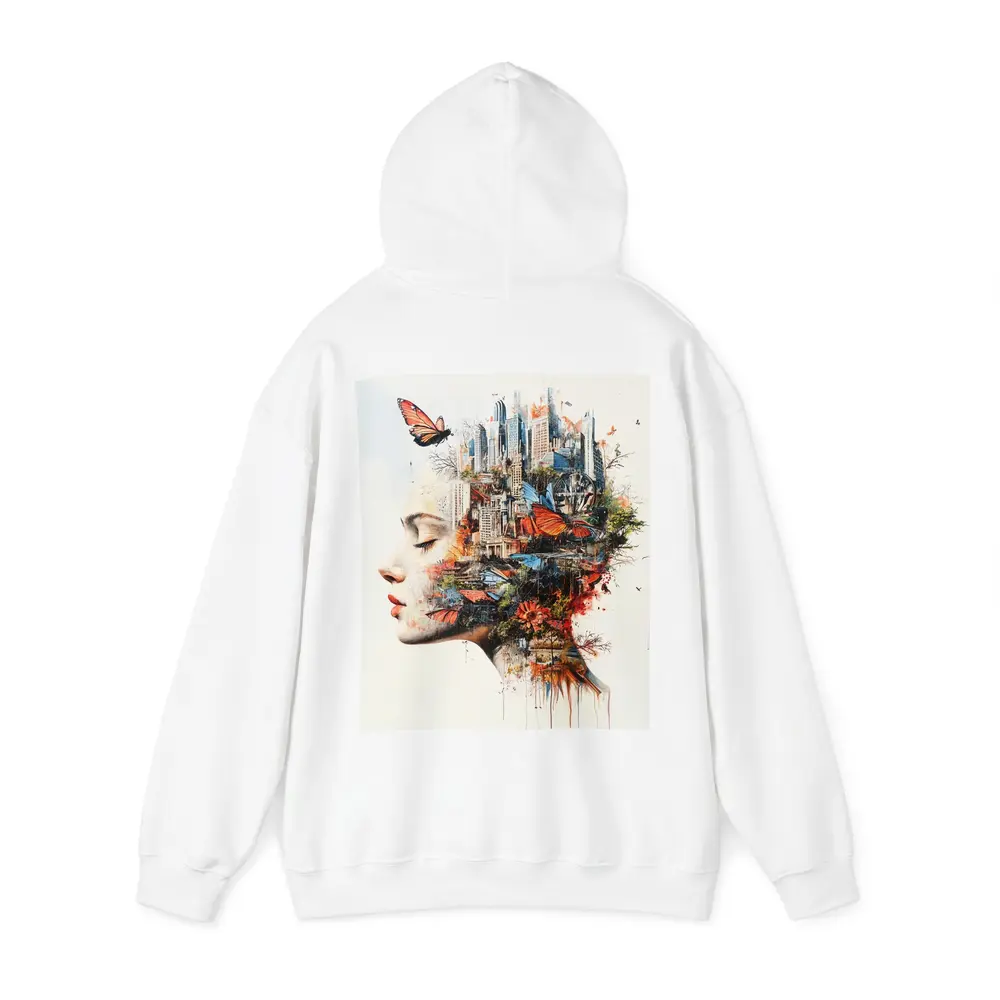Woman Face Double Exposure City Butterflies – Hoodies