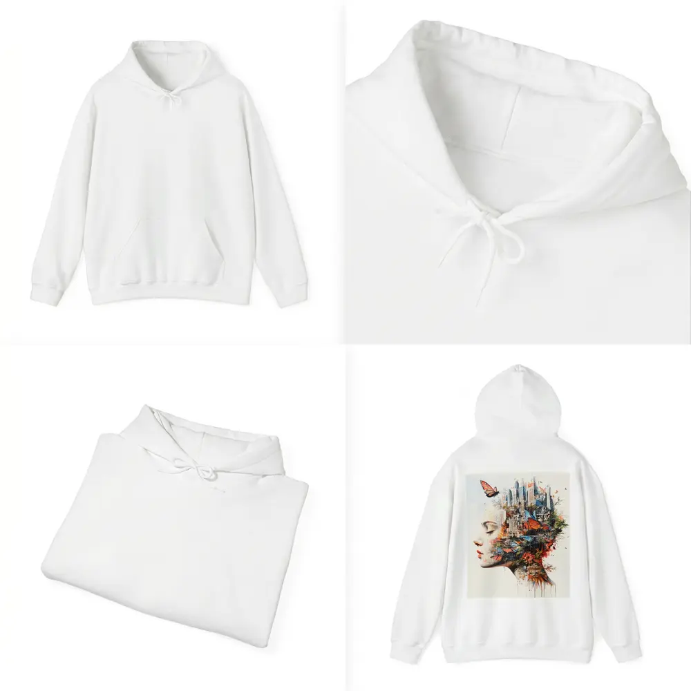 Woman Face Double Exposure City Butterflies – Hoodies