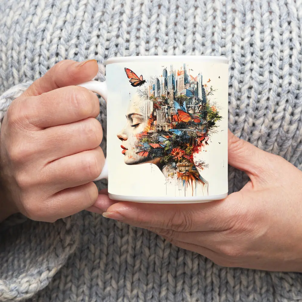Woman Face Double Exposure City Butterflies – Mugs