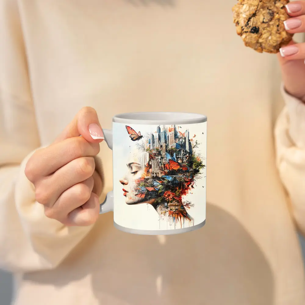 Woman Face Double Exposure City Butterflies – Mugs