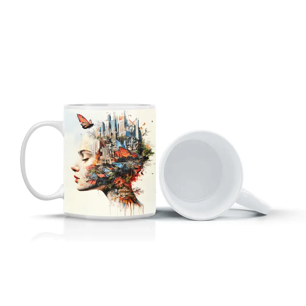 Woman Face Double Exposure City Butterflies – Mugs
