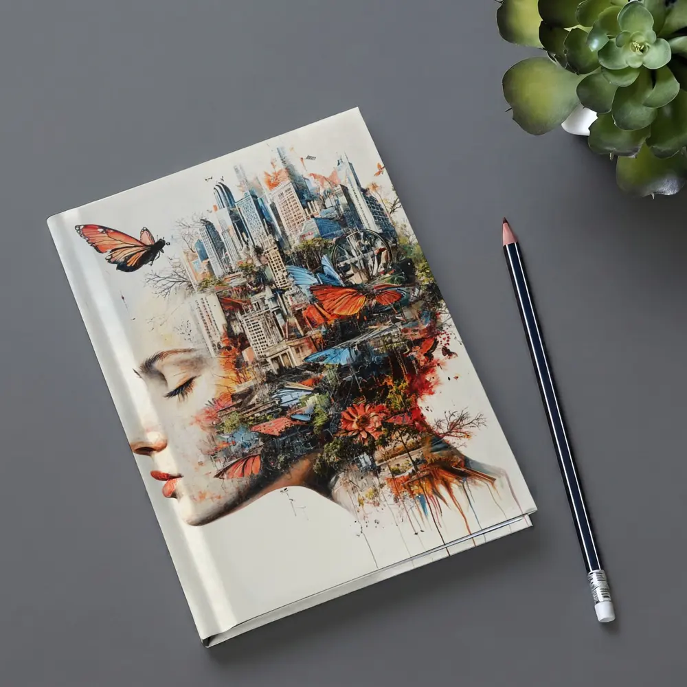 Woman Face Double Exposure City Butterflies – Notebooks