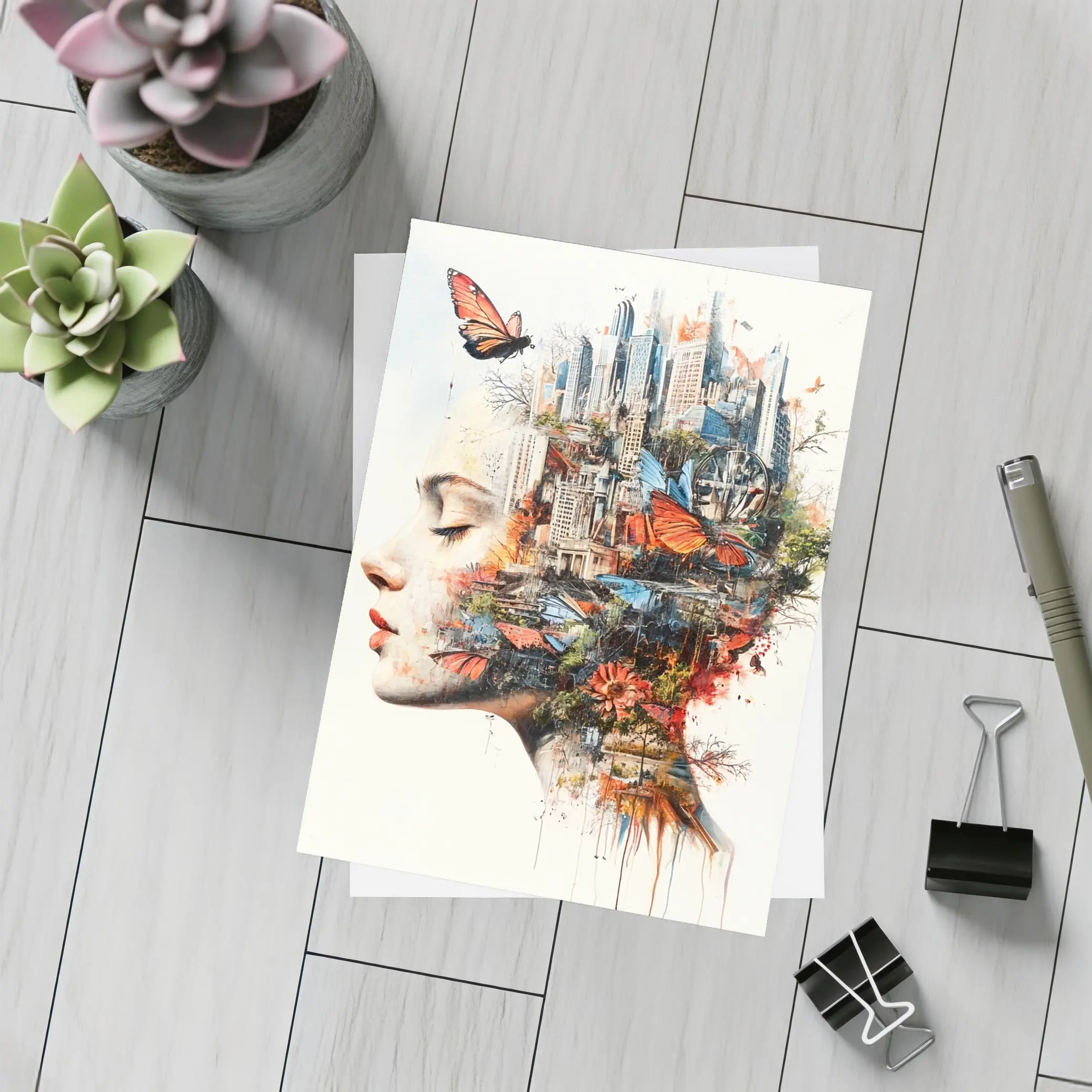 Woman Face Double Exposure City Butterflies – Postcards