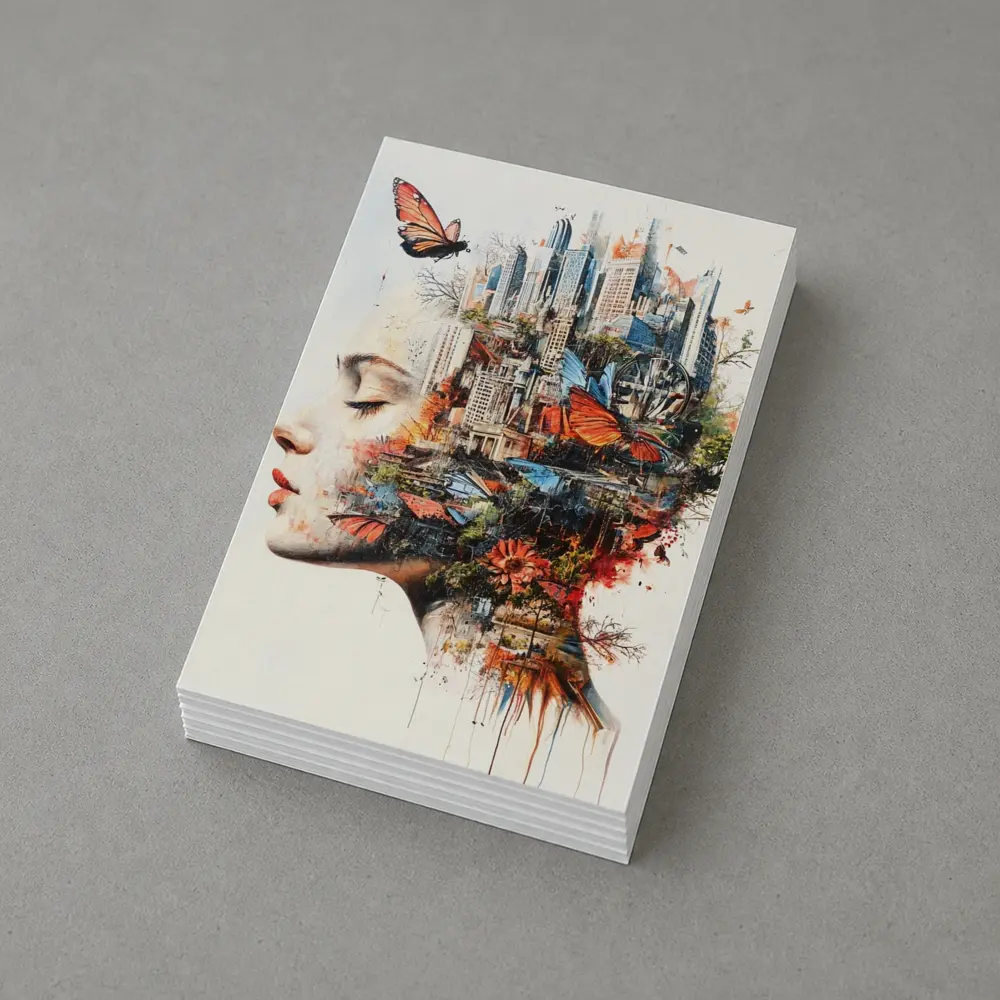 Woman Face Double Exposure City Butterflies – Postcards