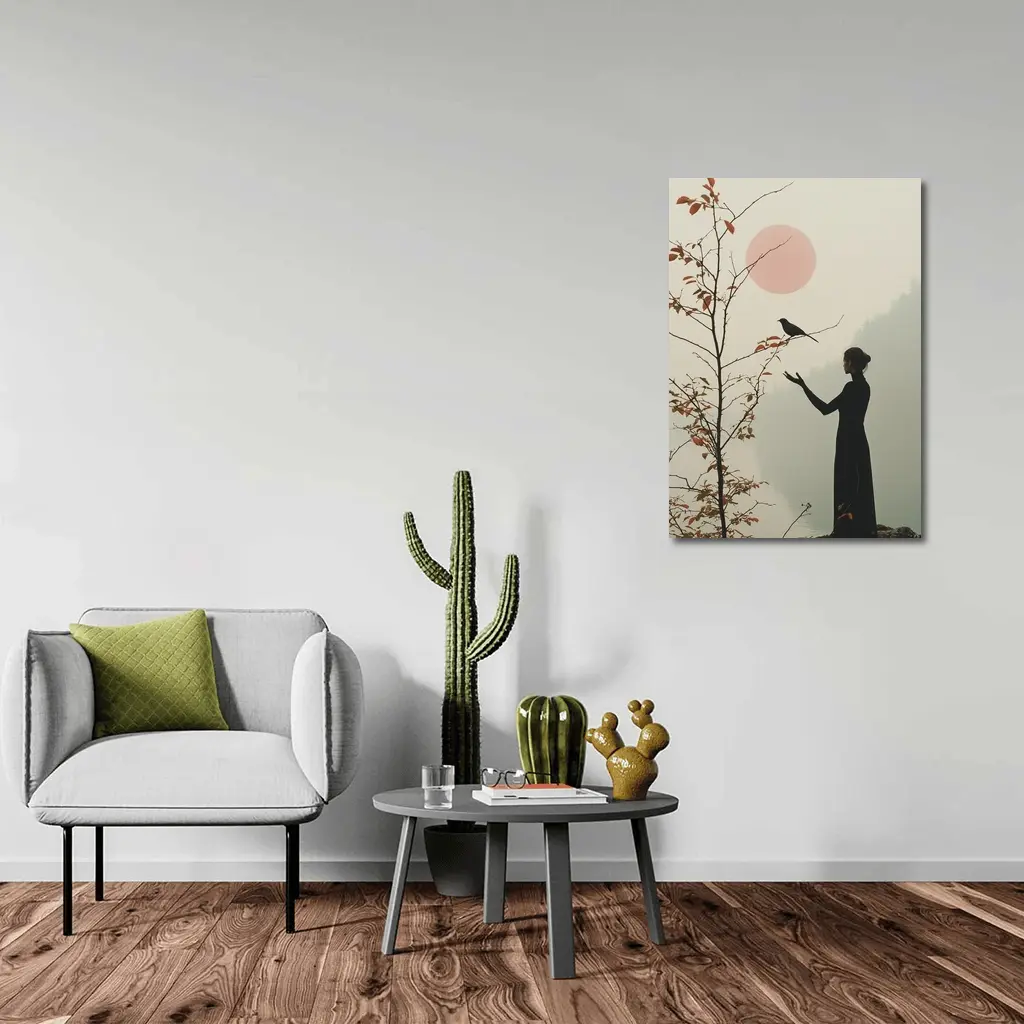 Woman Silhouette Crow Misty Autumn Fog – Wall Art