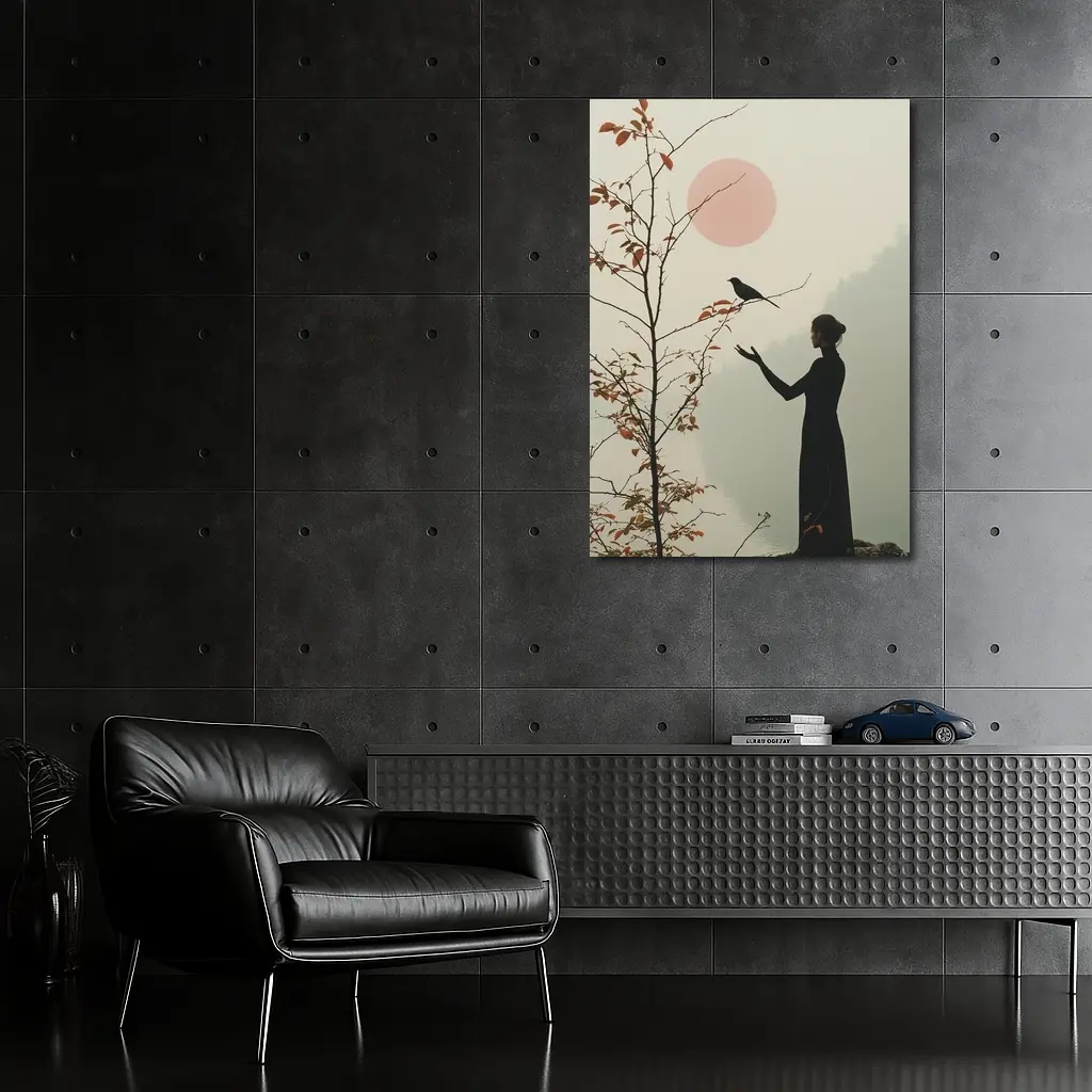 Woman Silhouette Crow Misty Autumn Fog – Wall Art
