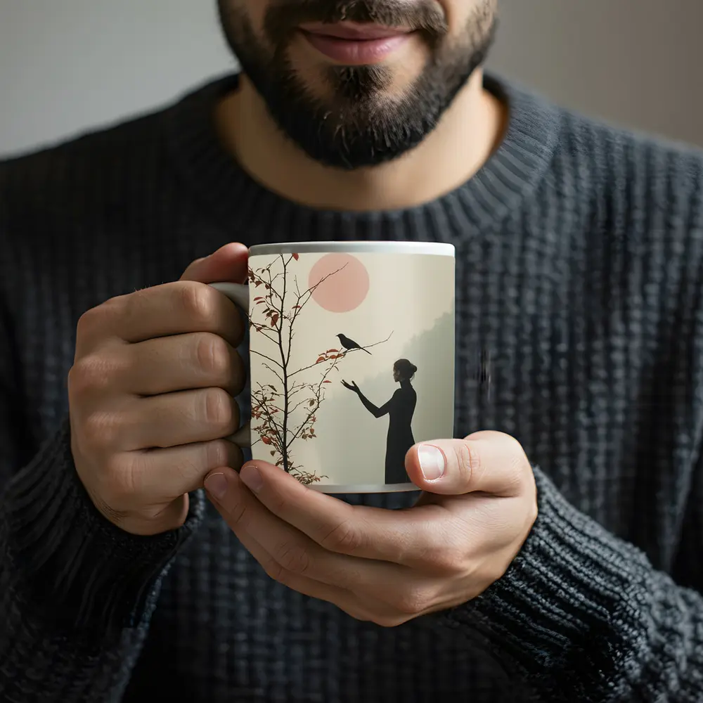 Woman Silhouette Crow Misty Autumn Fog – Mugs