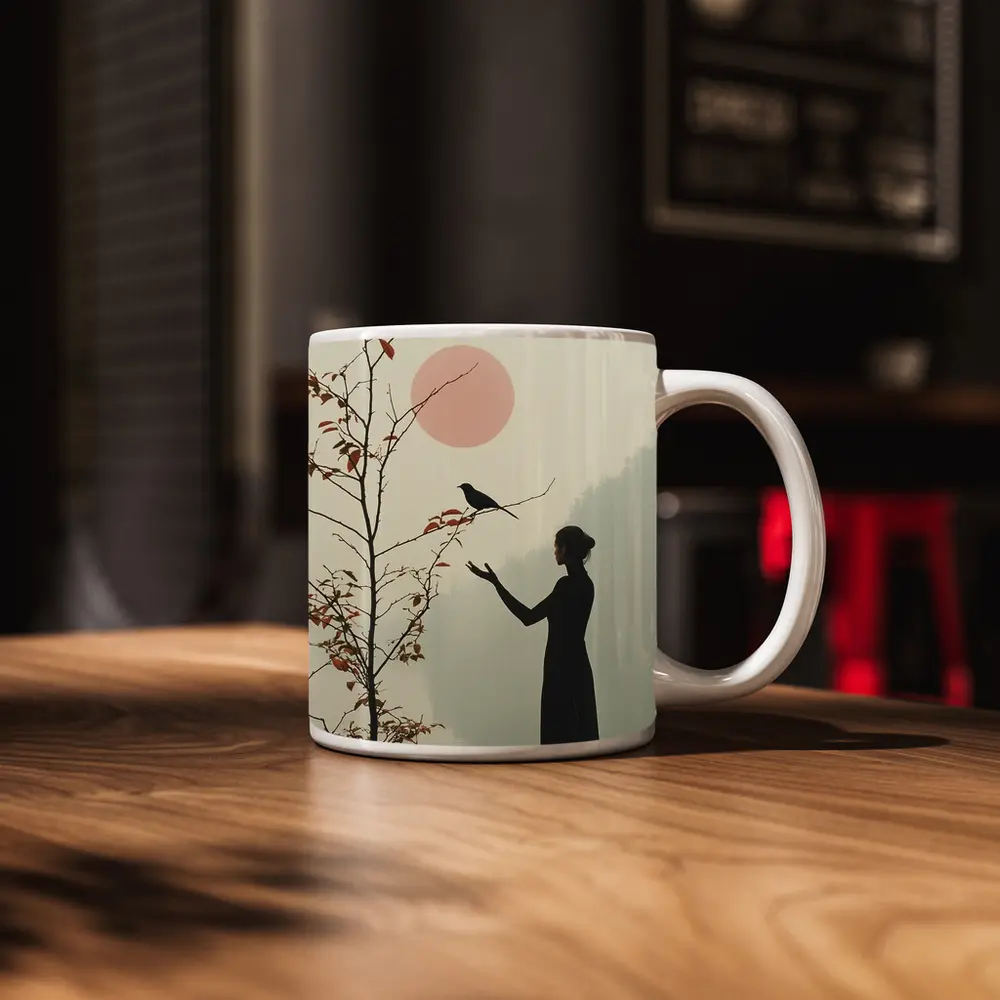 Woman Silhouette Crow Misty Autumn Fog – Mugs