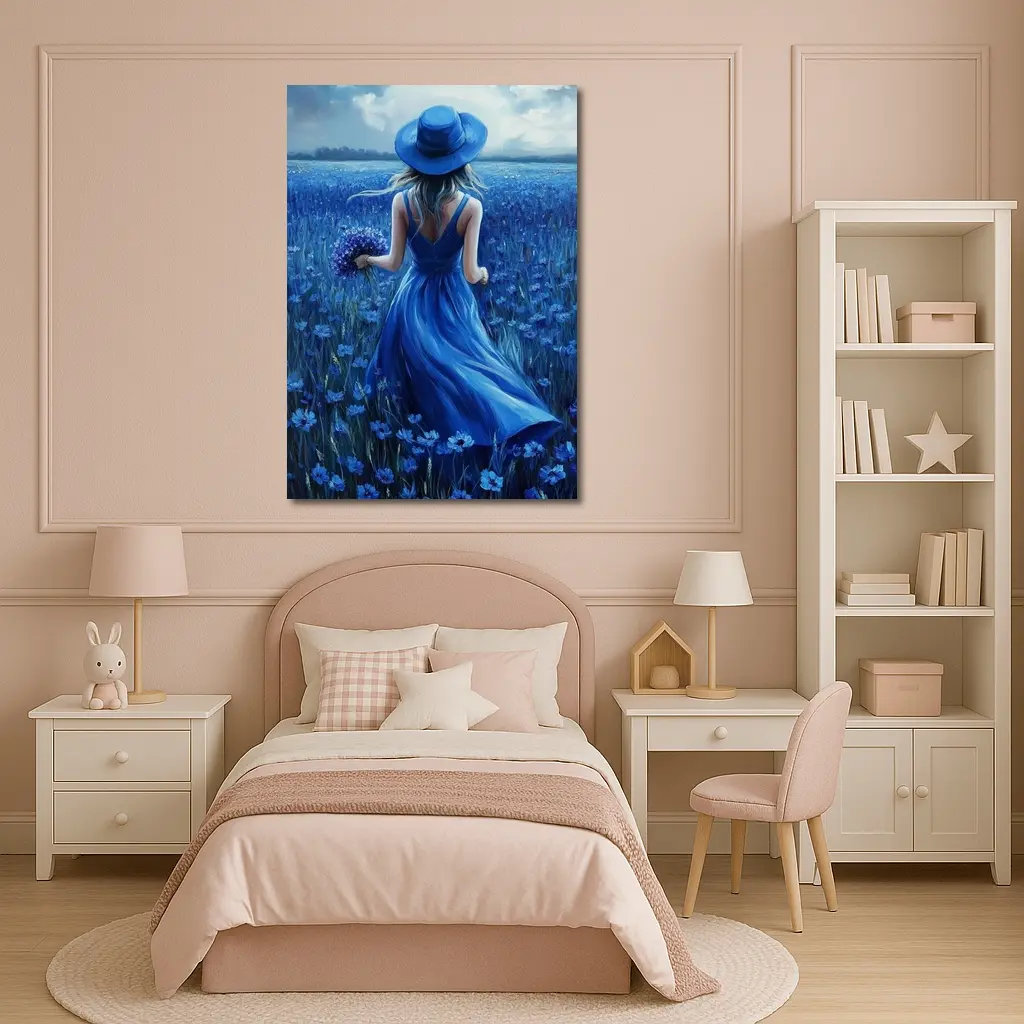 Woman in Blue Dress Cornflower Field Painting – Wall Art