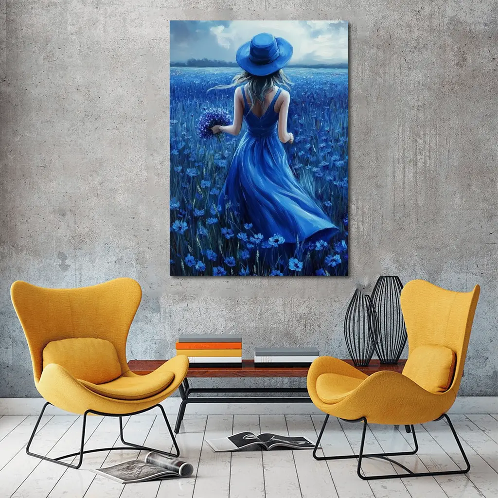 Woman in Blue Dress Cornflower Field Painting – Wall Art