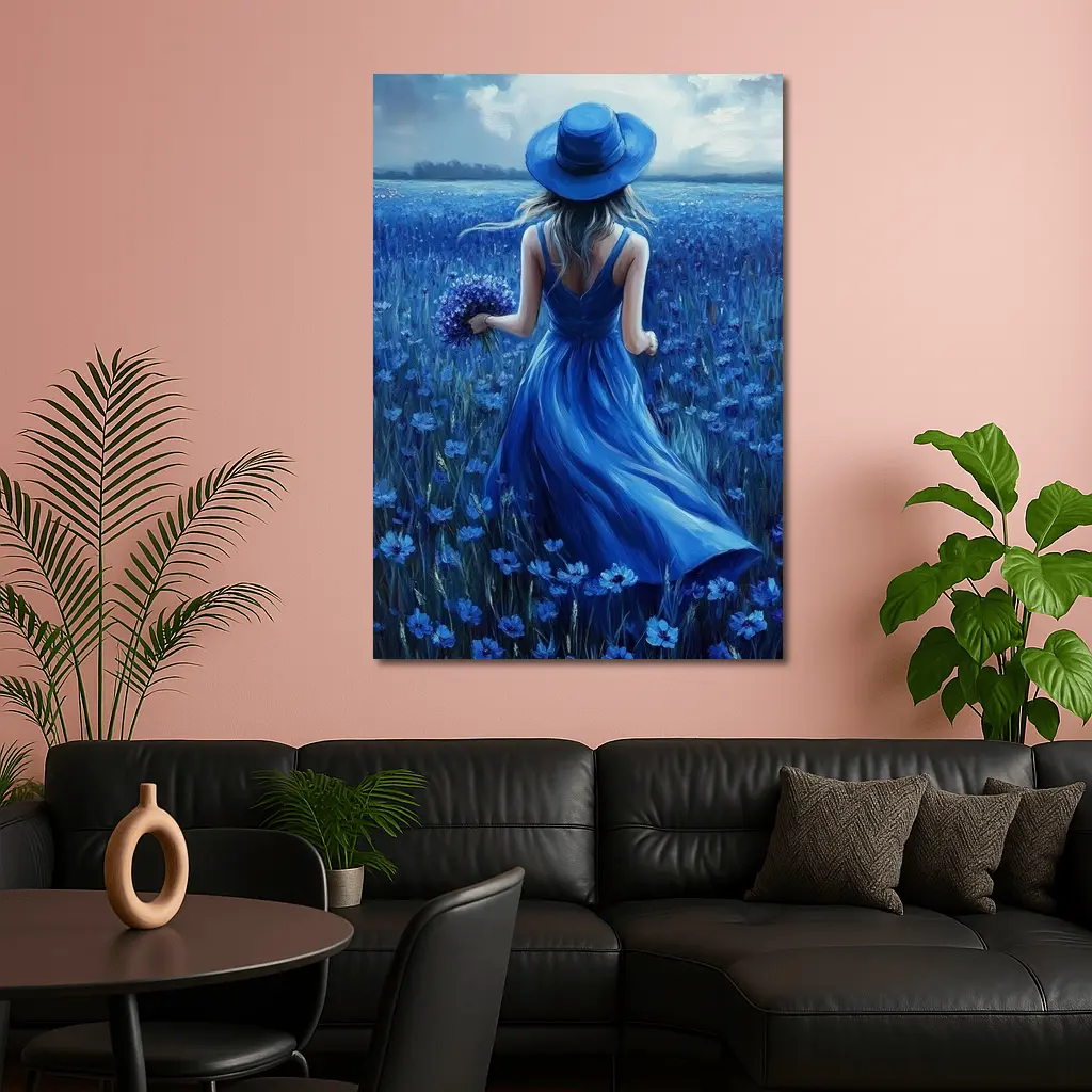 Woman in Blue Dress Cornflower Field Painting – Wall Art