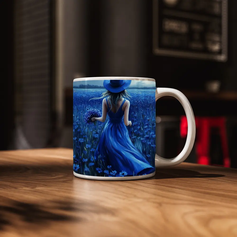 Woman in Blue Dress Cornflower Field Painting – Mugs