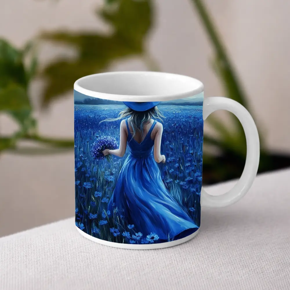 Woman in Blue Dress Cornflower Field Painting – Mugs