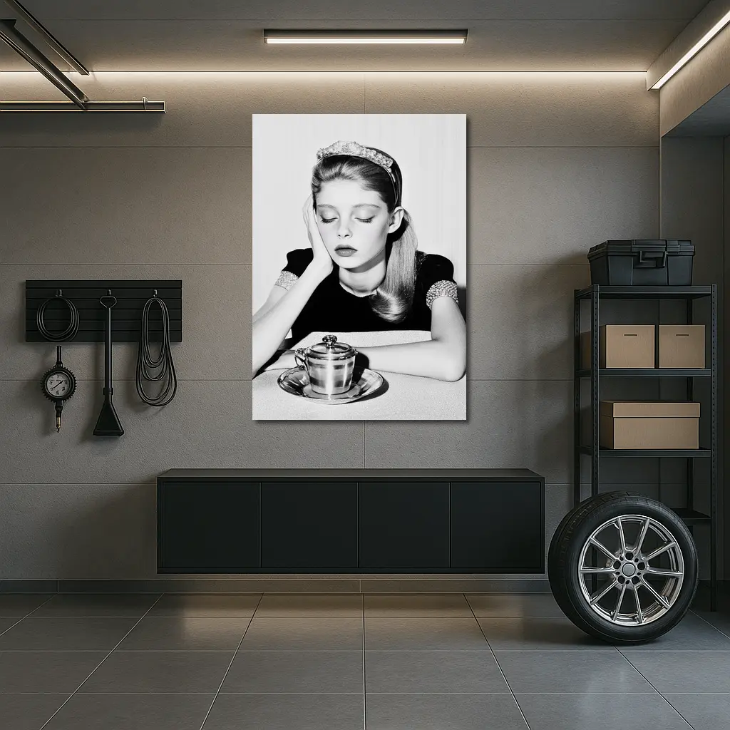 Black and White Retro Girl Tea Portrait – Wall Art