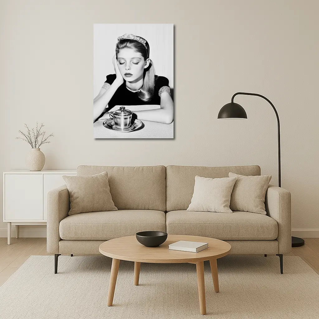Black and White Retro Girl Tea Portrait – Wall Art