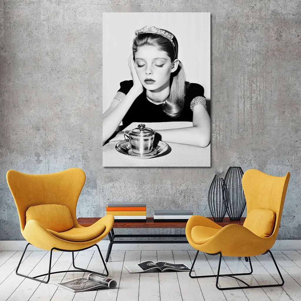 Black and White Retro Girl Tea Portrait – Wall Art