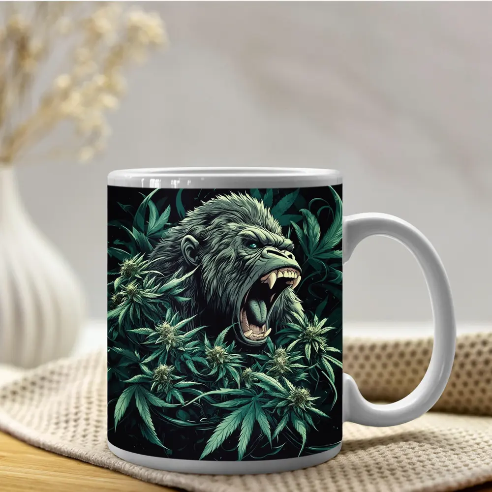 Roaring Gorilla Surrounded By Cannabis Leaves – Mugs