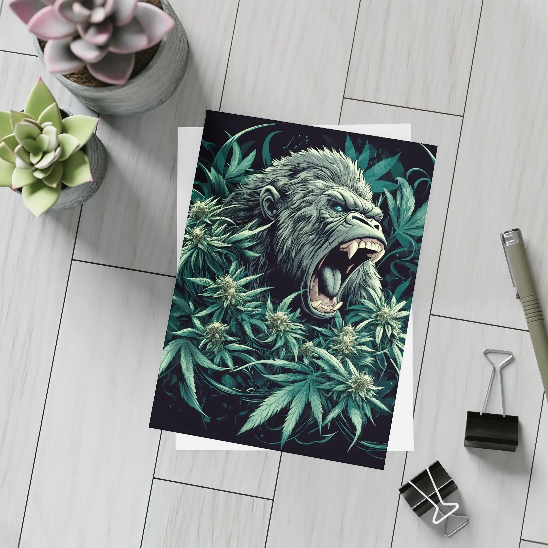 Roaring Gorilla Surrounded By Cannabis Leaves – Postcards