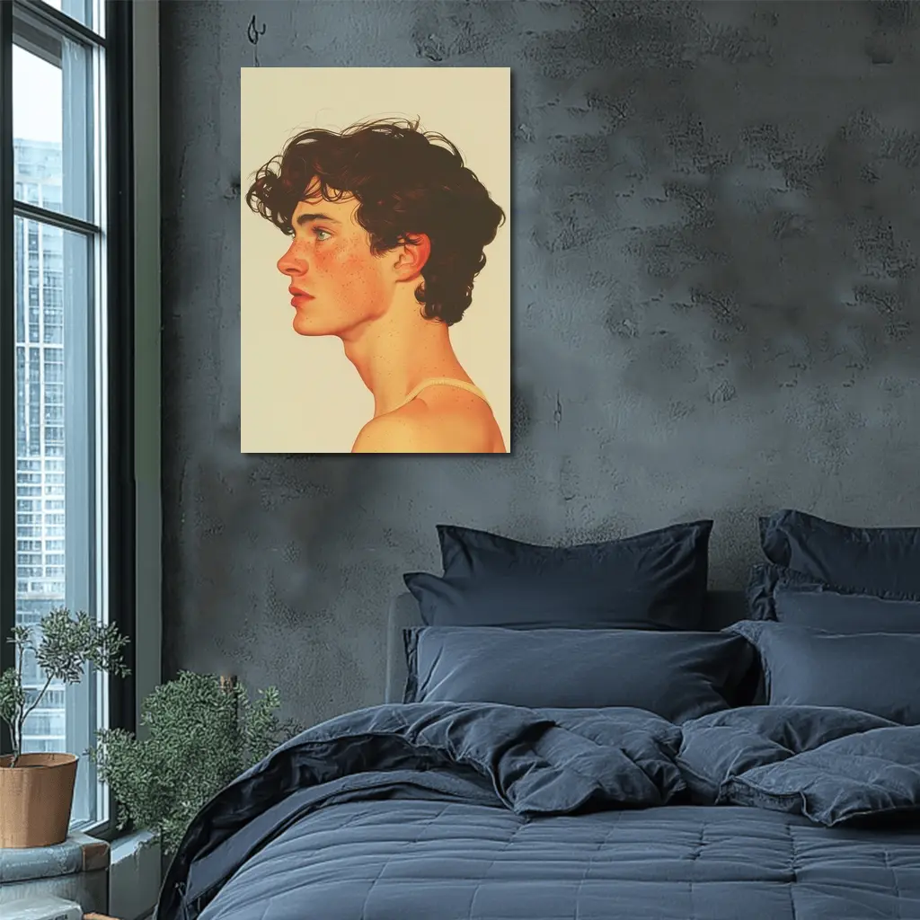 Young Man Portrait Freckles Curly Hair Beige – Wall Art