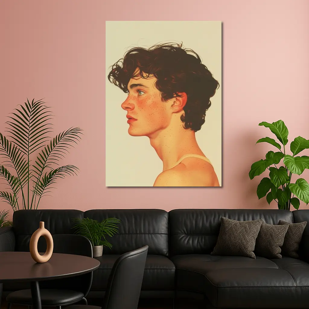Young Man Portrait Freckles Curly Hair Beige – Wall Art