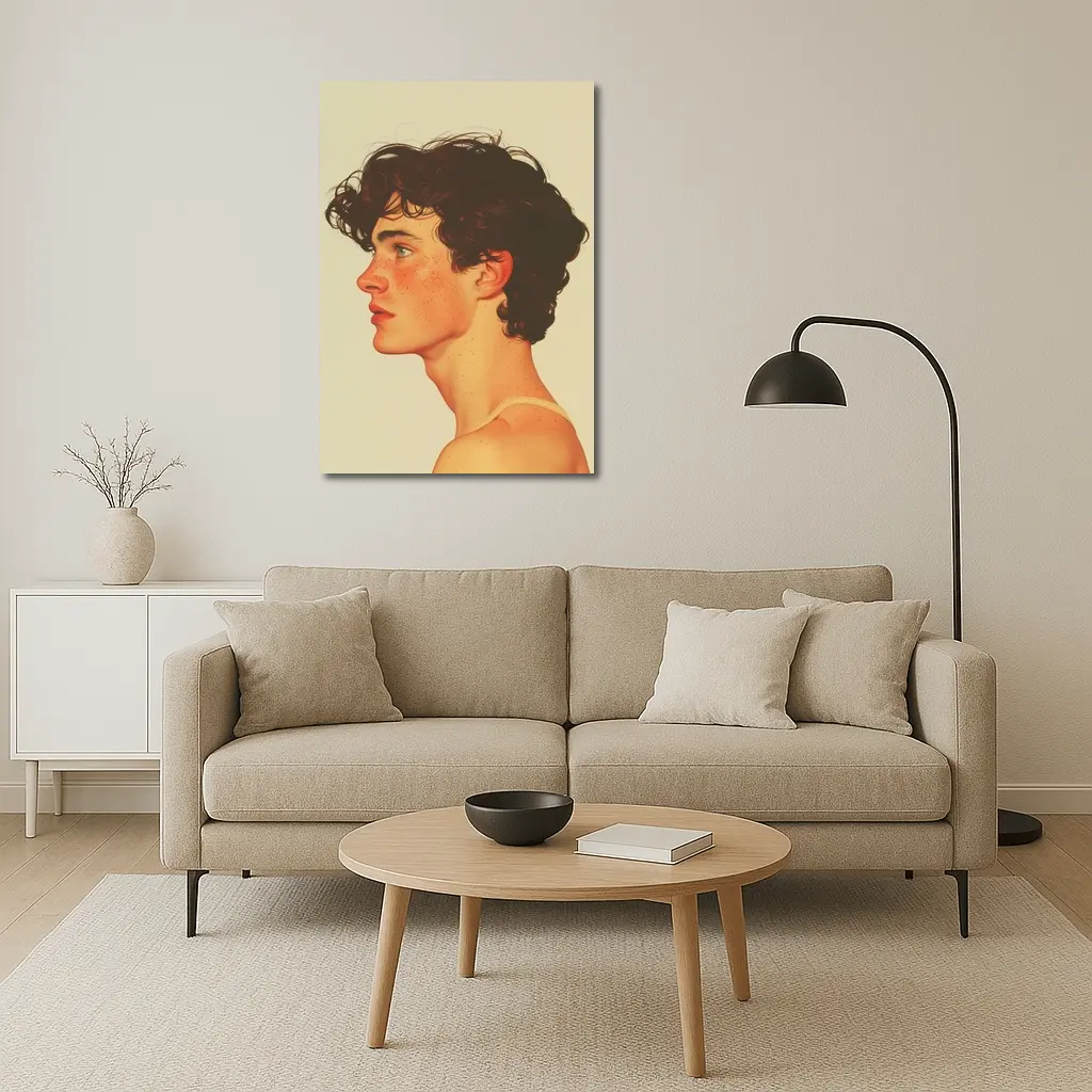 Young Man Portrait Freckles Curly Hair Beige – Wall Art