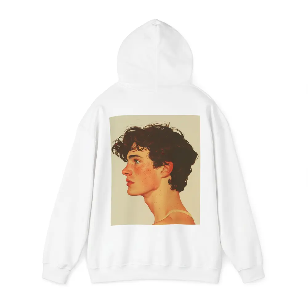 Young Man Portrait Freckles Curly Hair Beige – Hoodies