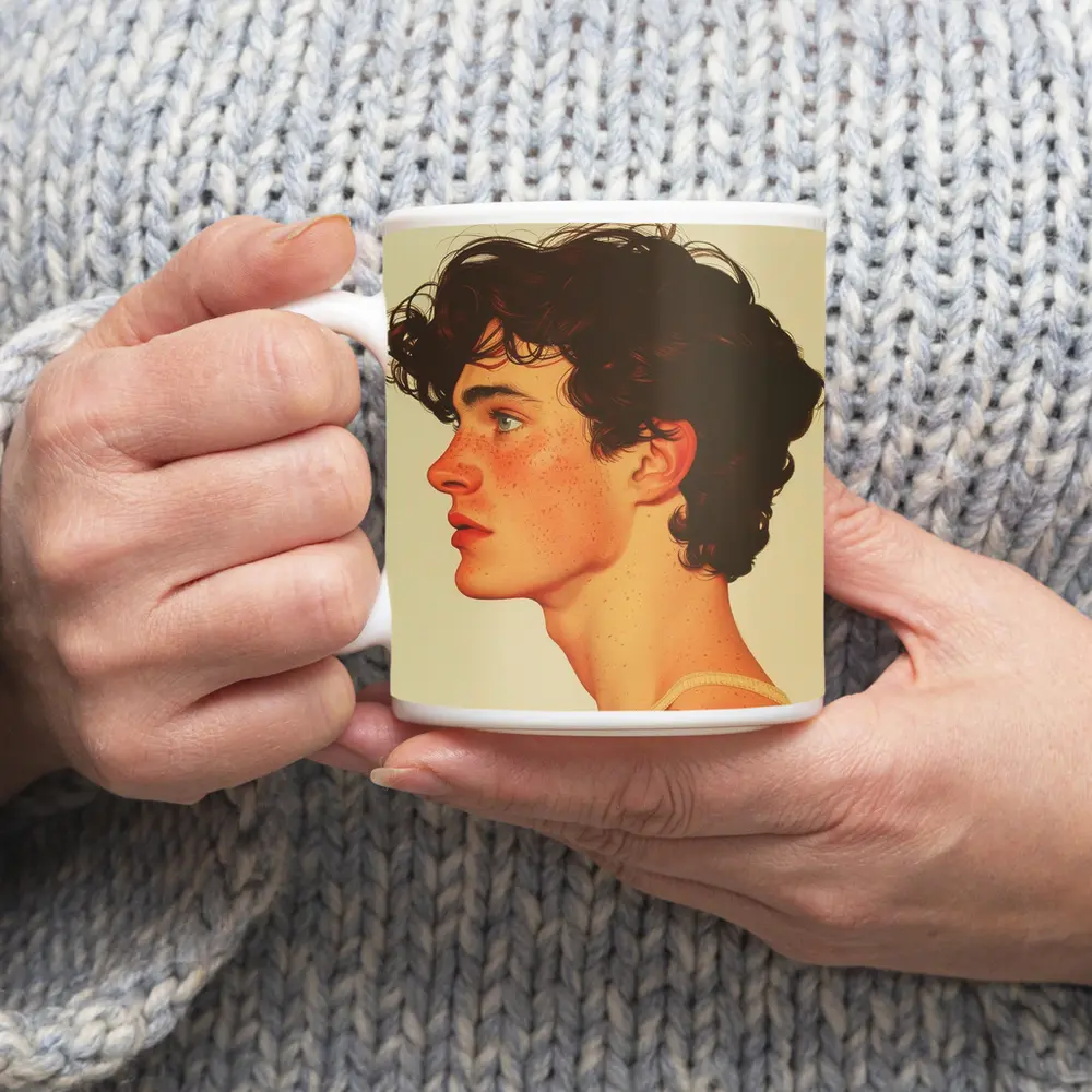 Young Man Portrait Freckles Curly Hair Beige – Mugs