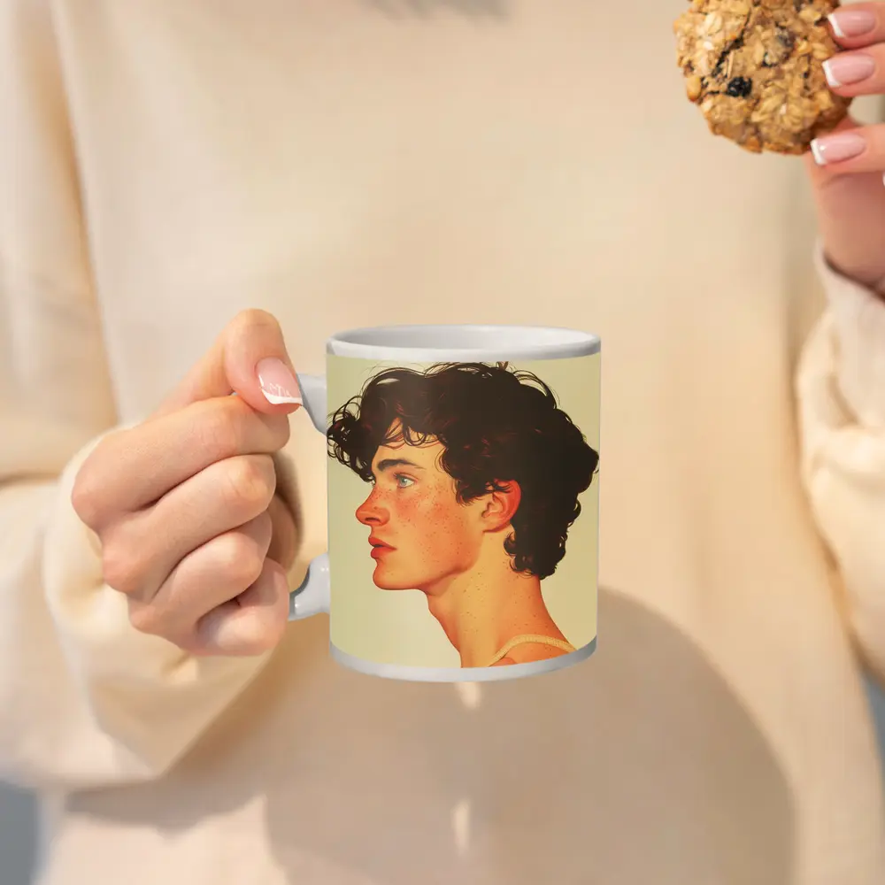 Young Man Portrait Freckles Curly Hair Beige – Mugs