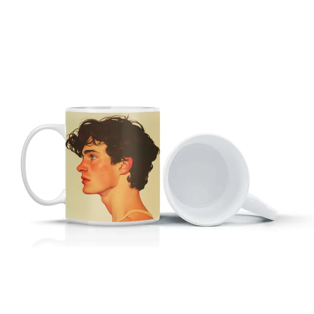 Young Man Portrait Freckles Curly Hair Beige – Mugs