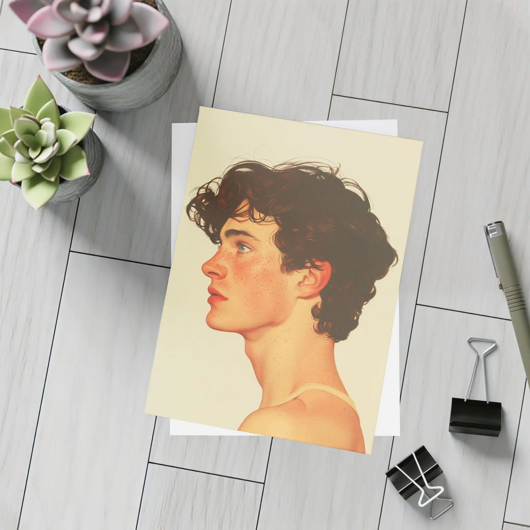 Young Man Portrait Freckles Curly Hair Beige – Postcards