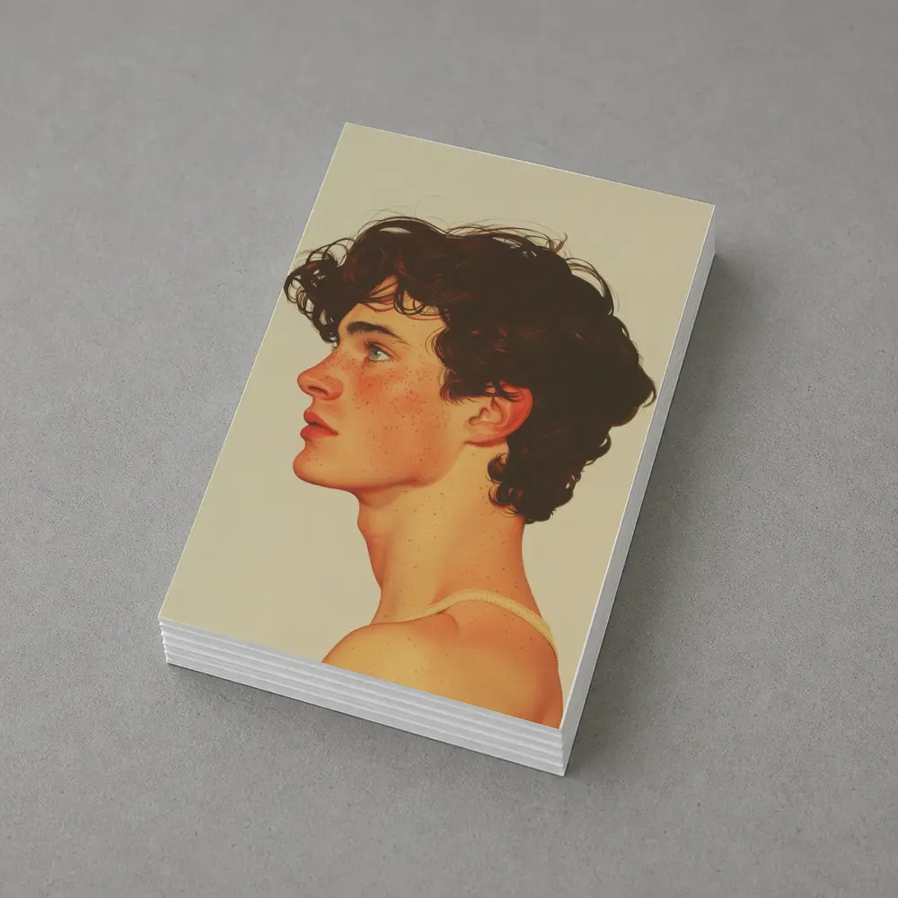 Young Man Portrait Freckles Curly Hair Beige – Postcards