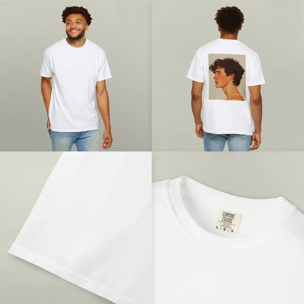 Young Man Portrait Freckles Curly Hair Beige – T-Shirts