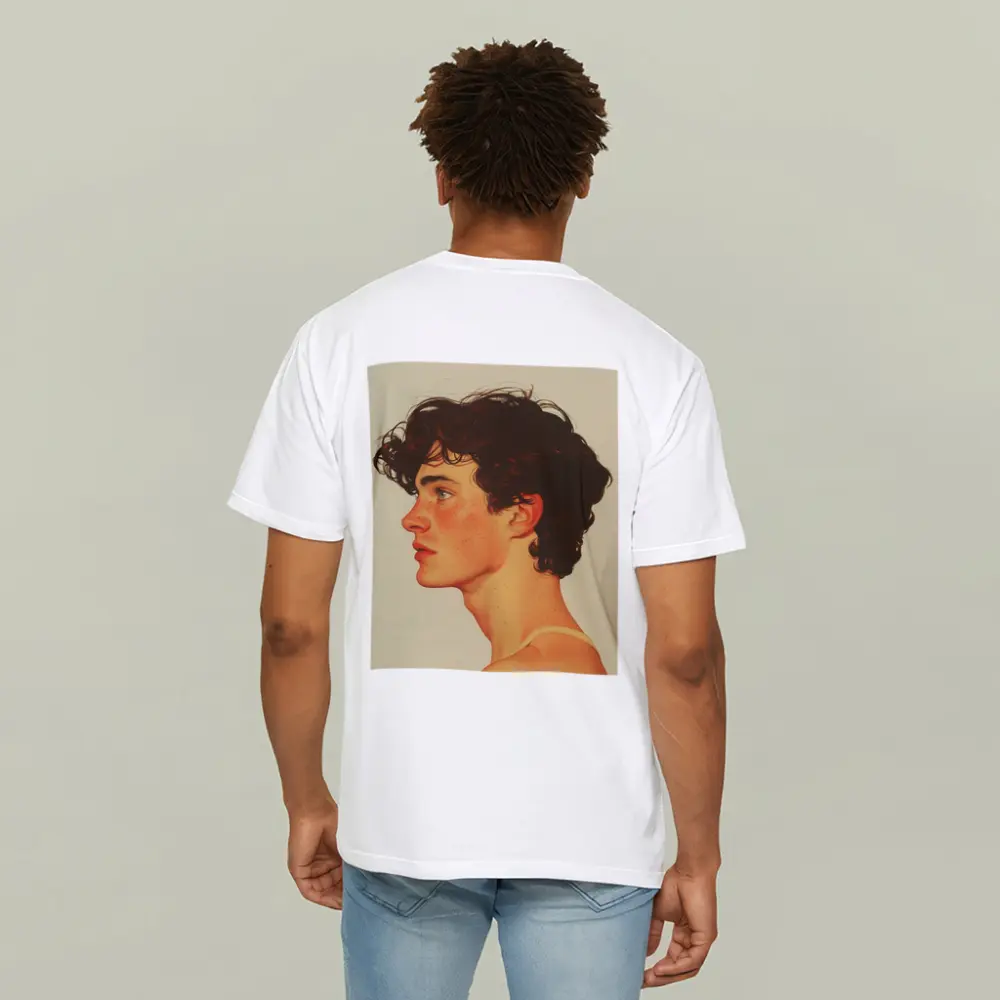 Young Man Portrait Freckles Curly Hair Beige – T-Shirts