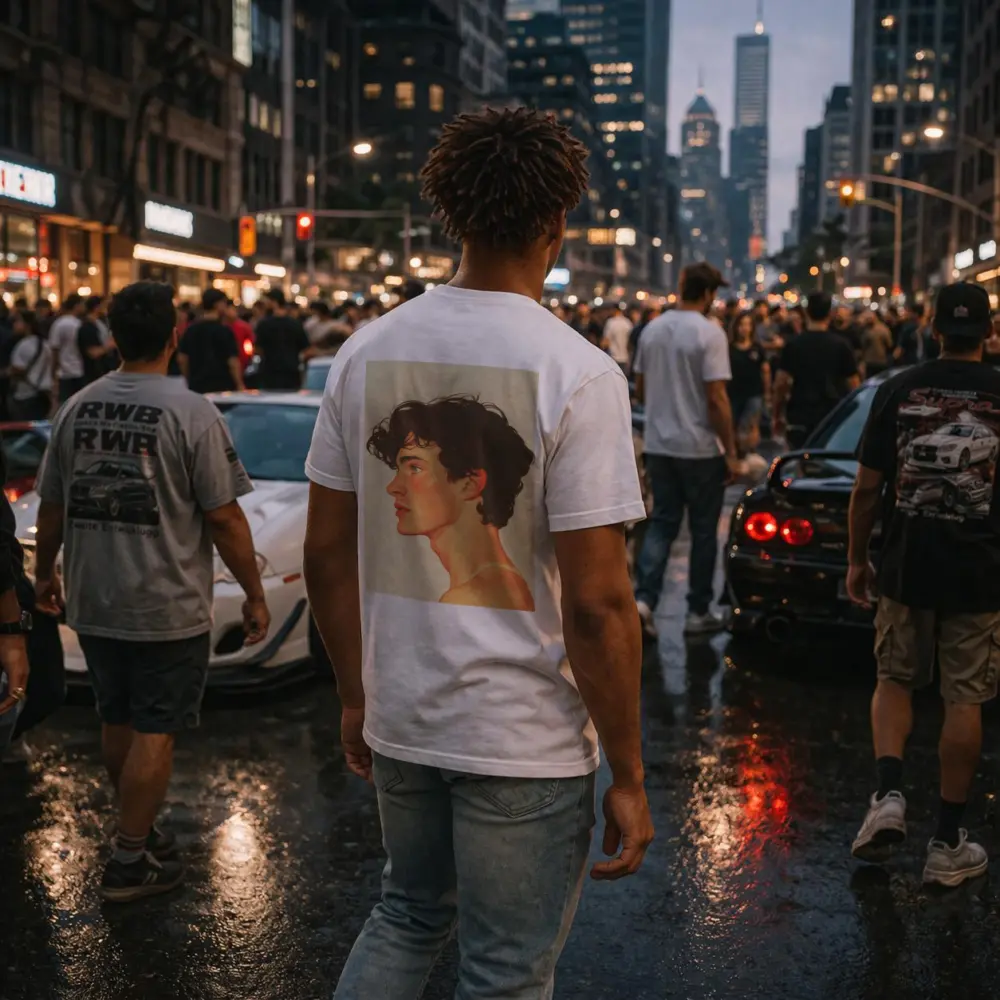 Young Man Portrait Freckles Curly Hair Beige – T-Shirts