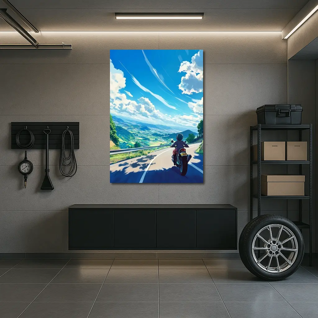 Anime Motorcycle Rider Open Road Countryside – Wall Art
