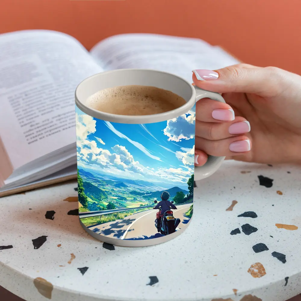 Anime Motorcycle Rider Open Road Countryside – Mugs