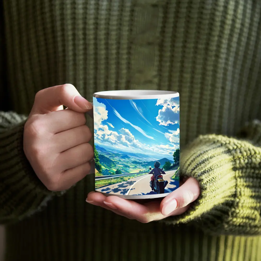 Anime Motorcycle Rider Open Road Countryside – Mugs