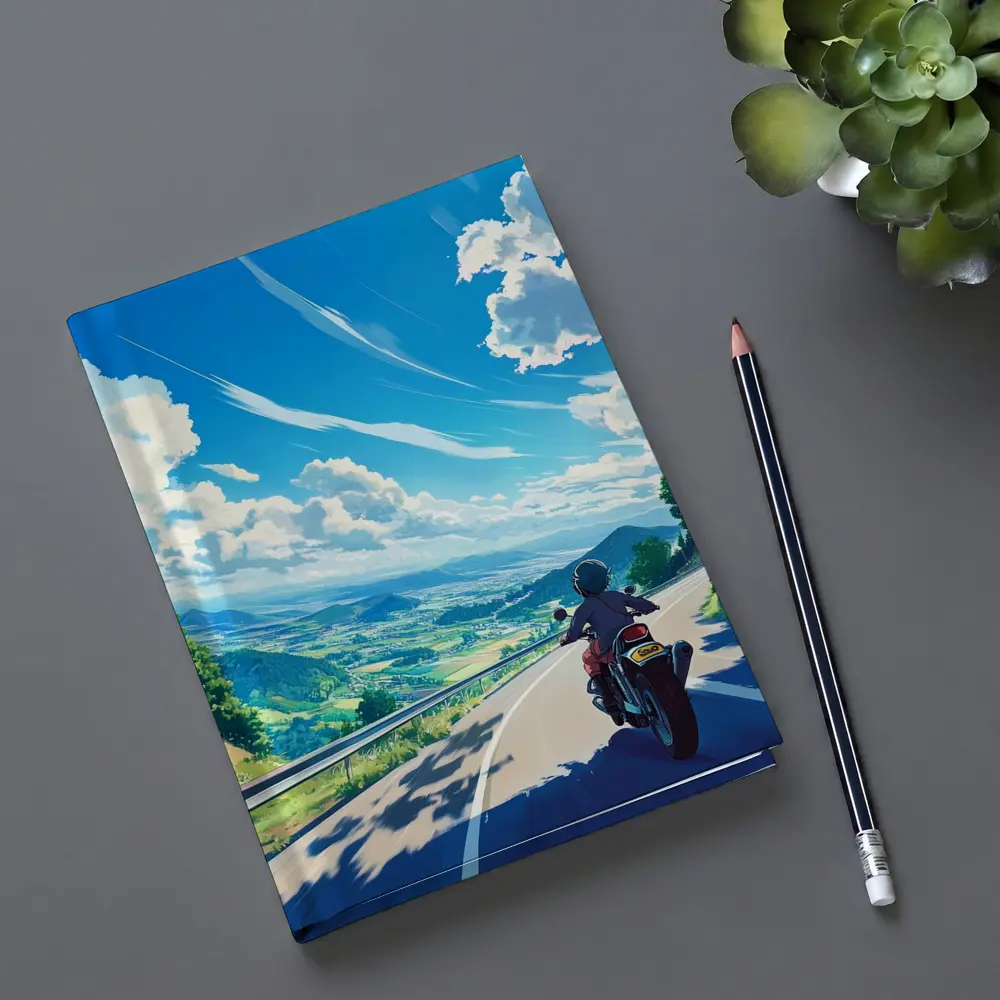 Anime Motorcycle Rider Open Road Countryside – Notebooks