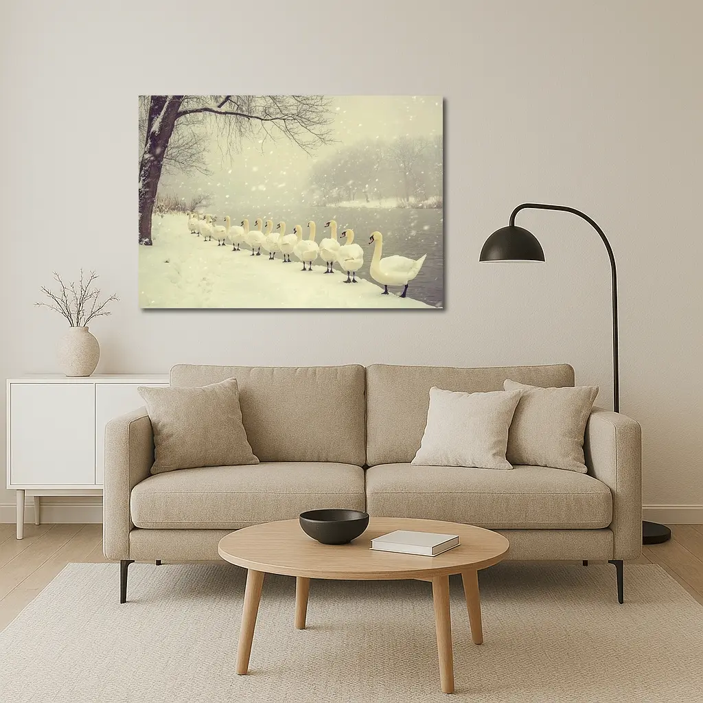 White Swans Walking In Snowy Winter Landscape – Wall Art