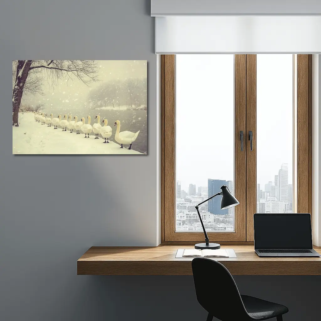 White Swans Walking In Snowy Winter Landscape – Wall Art