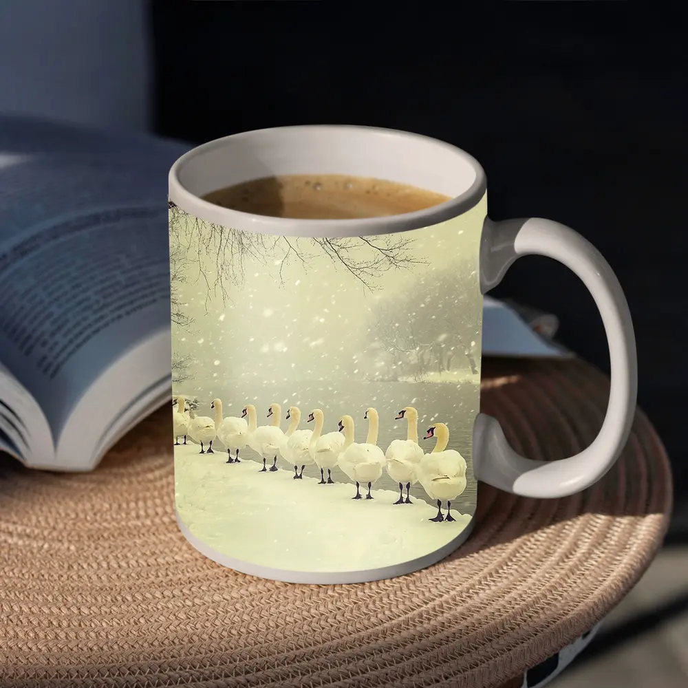 White Swans Walking In Snowy Winter Landscape – Mugs