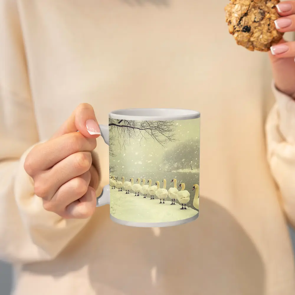 White Swans Walking In Snowy Winter Landscape – Mugs