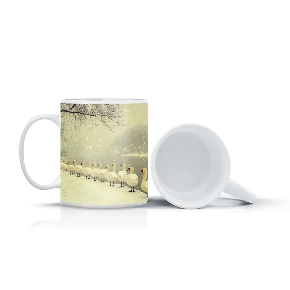 White Swans Walking In Snowy Winter Landscape – Mugs