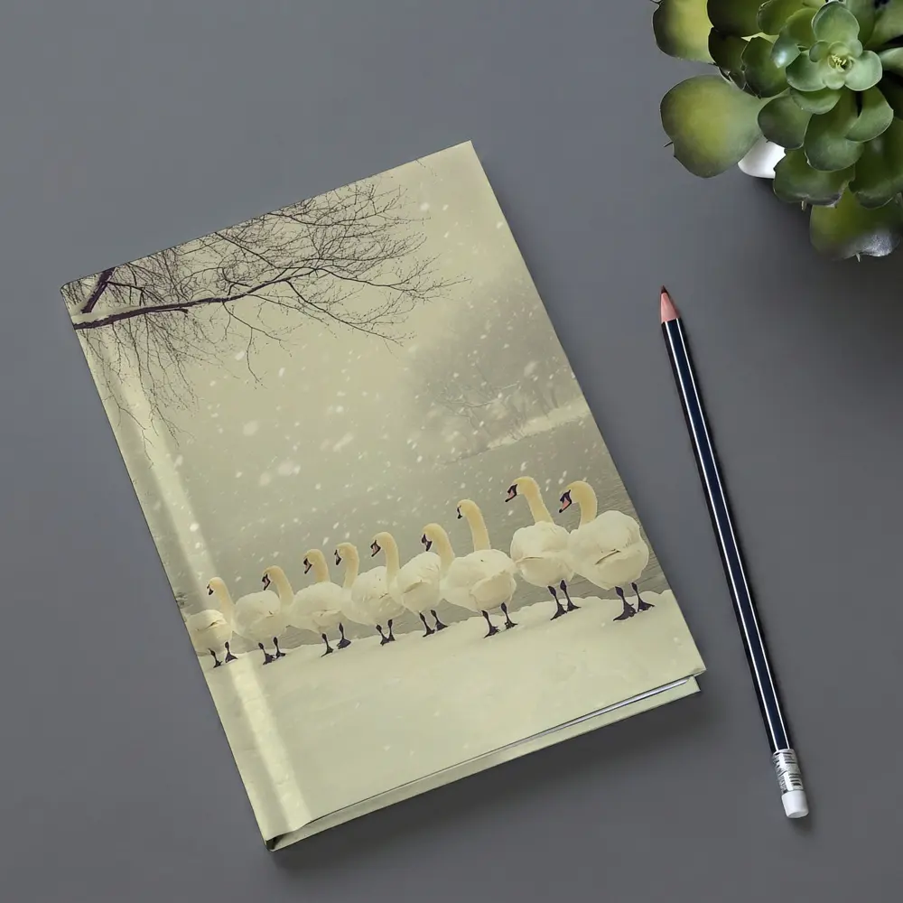 White Swans Walking In Snowy Winter Landscape – Notebooks