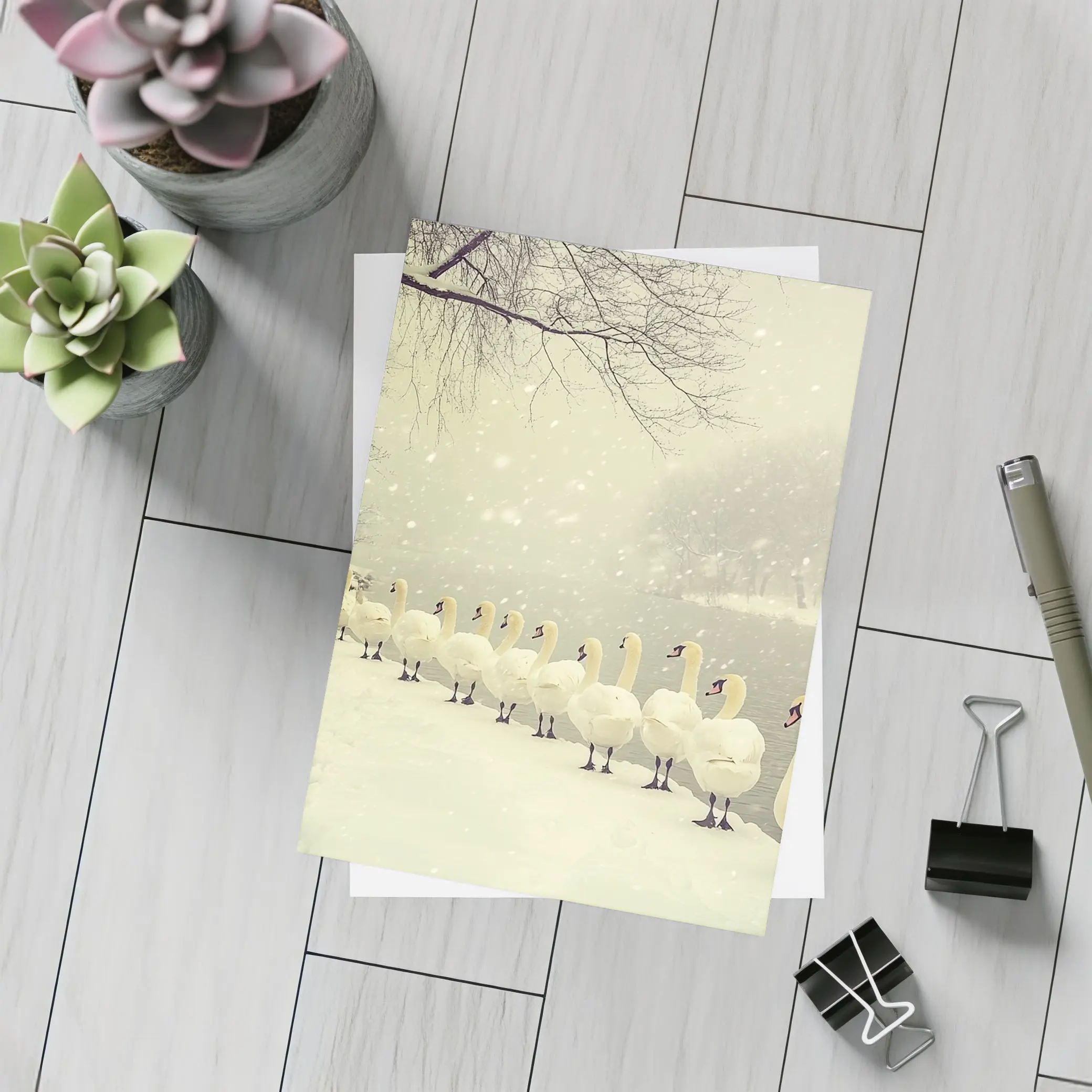 White Swans Walking In Snowy Winter Landscape – Postcards