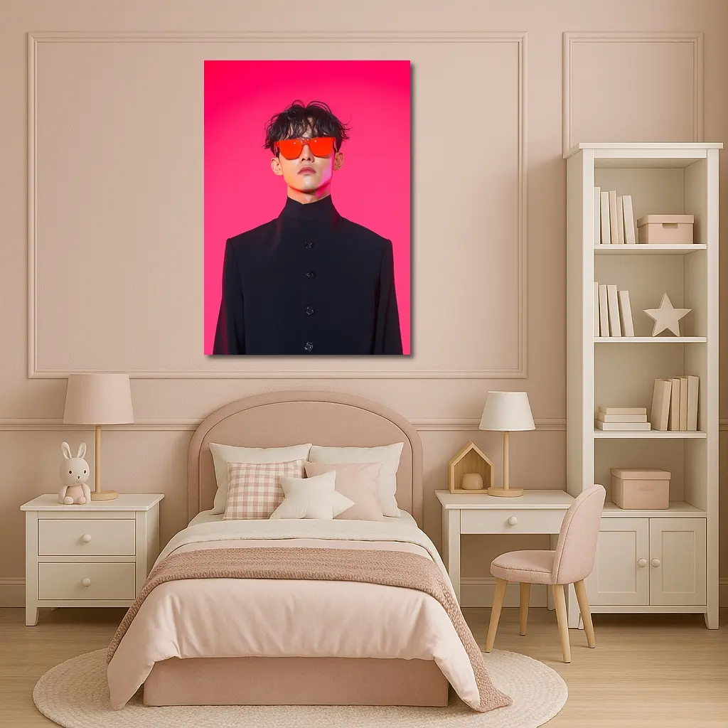 Young Man Red Sunglasses Black Coat Pink Background – Wall Art