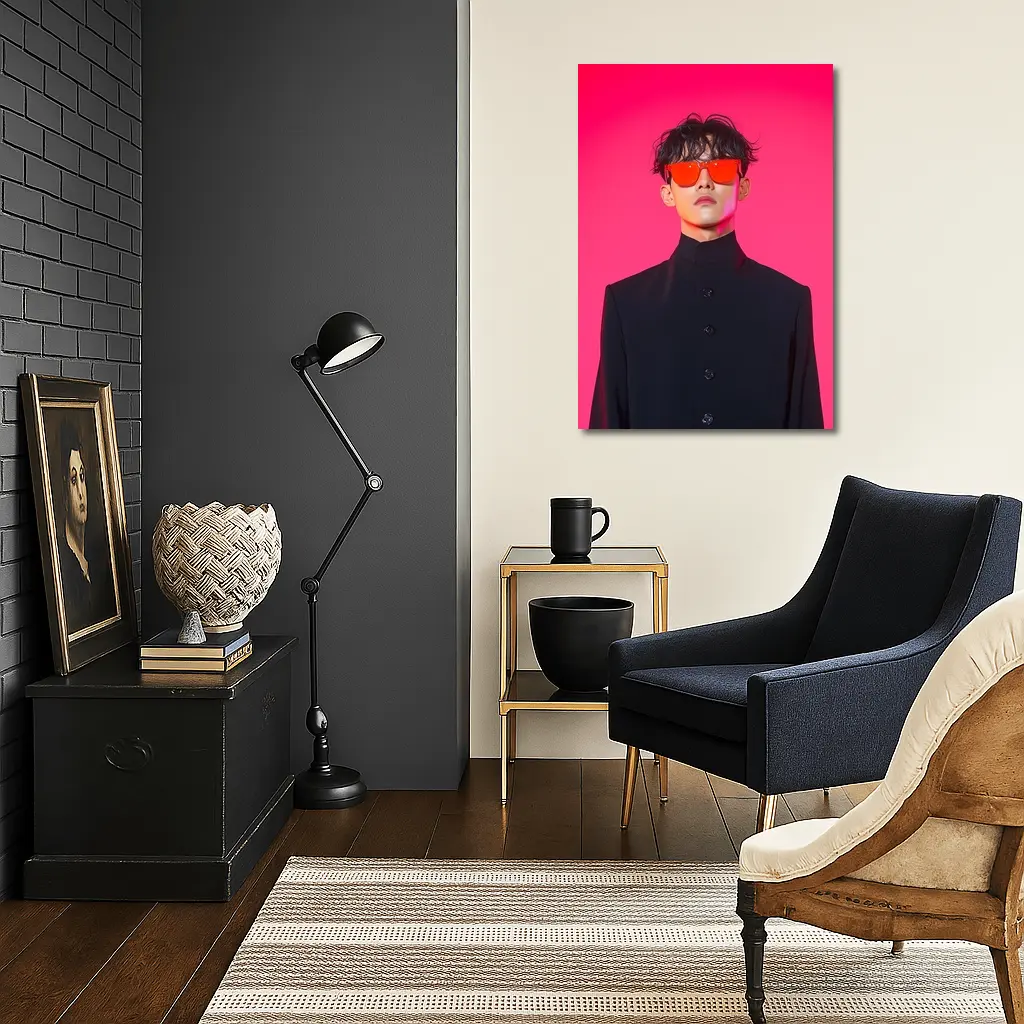 Young Man Red Sunglasses Black Coat Pink Background – Wall Art